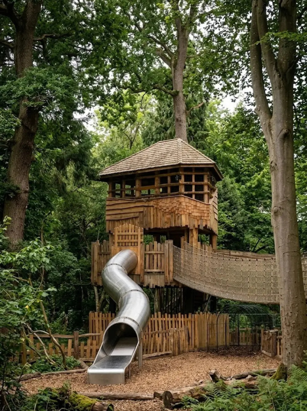 Skywalker Avontuurlijk Spelen — houten speelstructuur op maat in een bosrijke omgeving