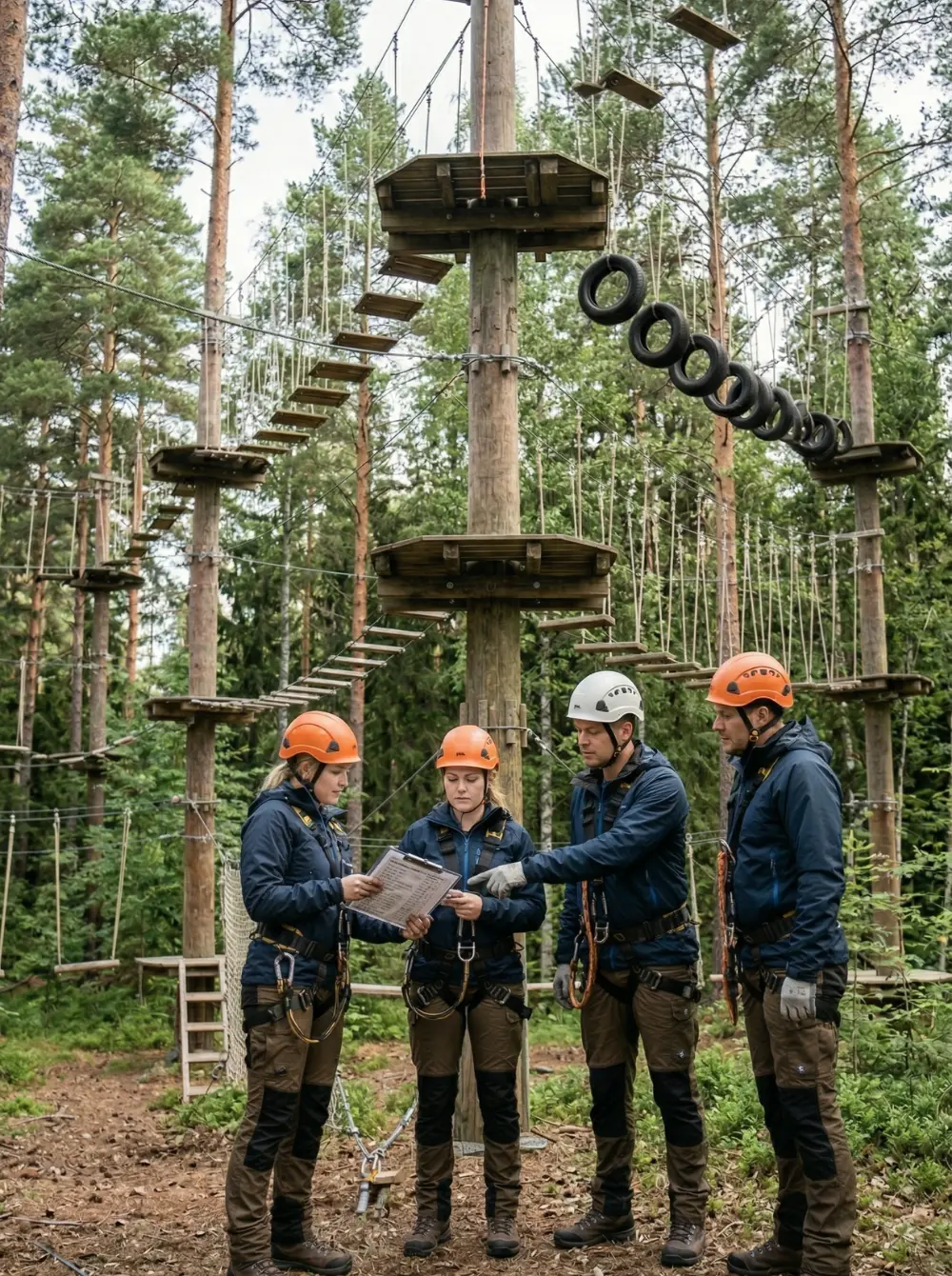 Skywalker inspector examining ropes course hardware on-site